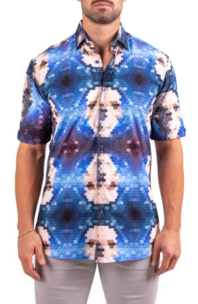Maceoo Galileo Resistance2201 Blue Pixelated Face Print Short Sleeve Button-up Shirt
