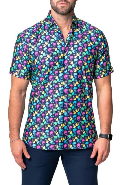 Maceoo Galileo Skull Regular Fit Short Sleeve Button-up Shirt In Blue