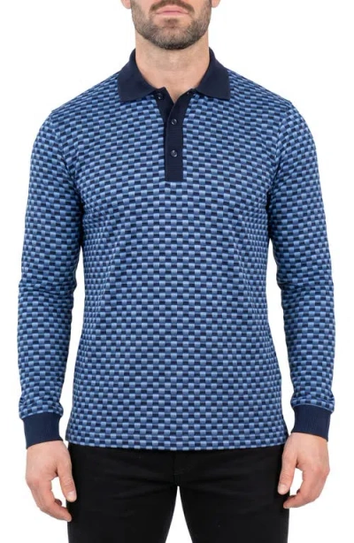 Maceoo Geometric Long Sleeved Cotton Polo In Blue