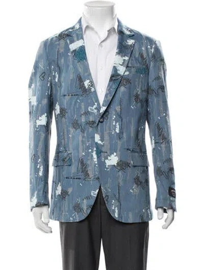 Pre-owned Maceoo Graphic Print Distressed Accents Blazer W/ Tags In Blue