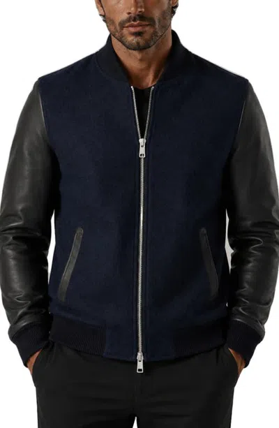 Maceoo Leather Sleeve Bomber Jacket In Blue