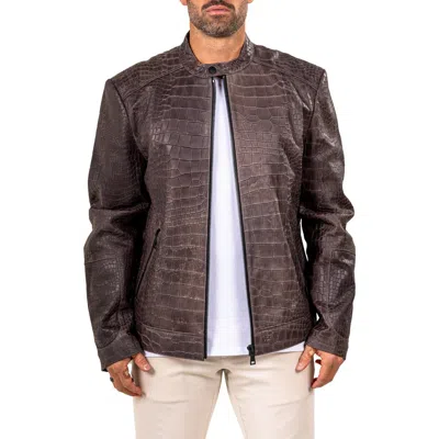 Maceoo Marthyr Croc Embossed Leather Jacket In Brown