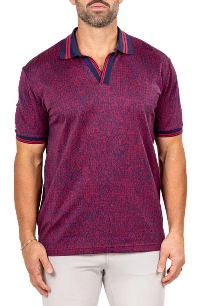 Maceoo Marthyr Grid Print Johnny Collar Cotton Polo In Purple