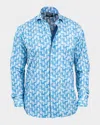 Maceoo Einstein Wood Waves Print Stretch Button-up Shirt In Blue