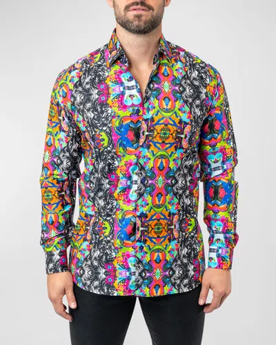 Maceoo Men's Fibonacci Acid Dog Dress Shirt In Black/blue/pink Multi