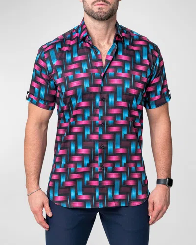 Maceoo Galileo Chain Multi Short Sleeve Contemporary Fit Button-up Shirt In Blue Multi