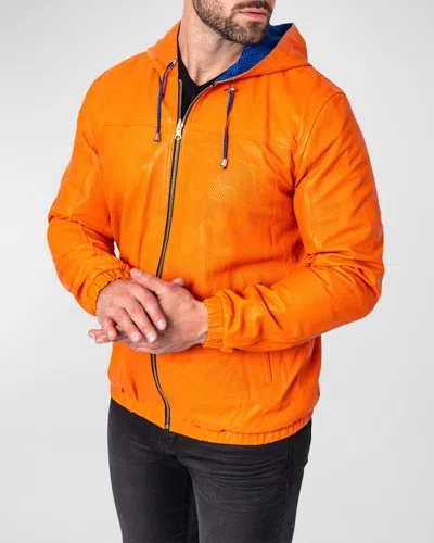 Maceoo Men's Reversible Leather Sky Hooded Jacket In Orange
