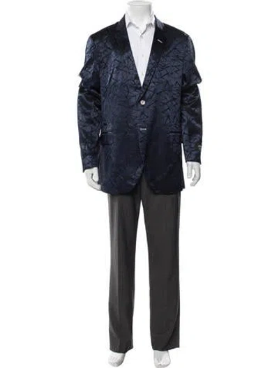 Pre-owned Maceoo Patterned Embroidered Accent Blazer W/ Tags In Blue