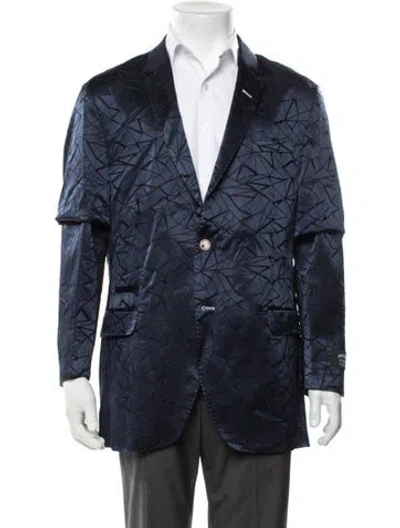 Pre-owned Maceoo Patterned Embroidered Accent Blazer W/ Tags In Blue