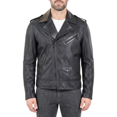 Maceoo Perforated Leather Moto Jacket In Blue