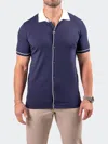 Maceoo Tipped Knit Short Sleeve Button-up Shirt In Blue