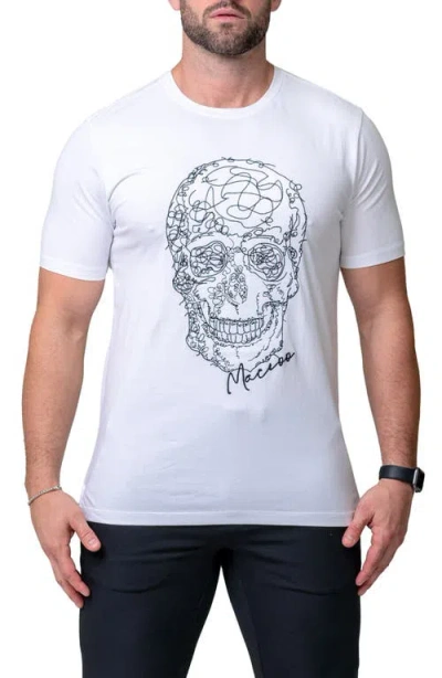 Maceoo Scribbleskull White Embroidered Skull Stretch Cotton T-shirt