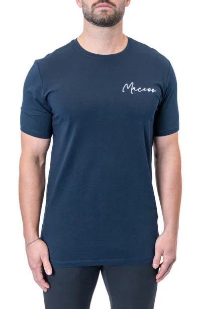 Maceoo Siganture Nayblue Logo Embroidered Stretch Cotton T-shirt In Blue