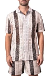 Maceoo Stripescream Open Stitch Short Sleeve Cotton Button-up Shirt In Neutral