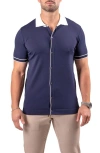 Maceoo Tipped Knit Short Sleeve Button-up Shirt In Blue