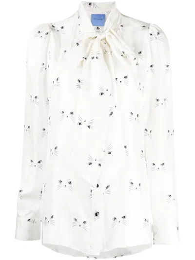 Macgraw Cat-print Silk-satin Blouse In White