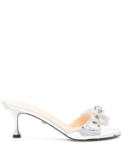 Mach &amp; Mach 65 Double Bow Mules In Silver Metallic Leather