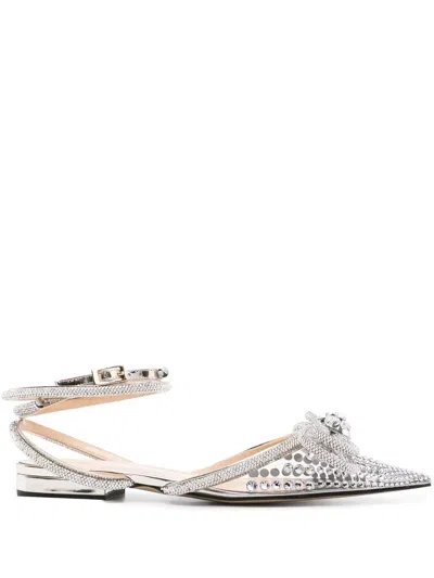 Mach &amp; Mach Crystal Embellished Double Bow Ballerinas In Silver