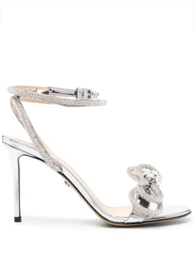 Mach &amp; Mach Double Bow 100 Mm Sandals In Silver Metallic Leather With Crystals