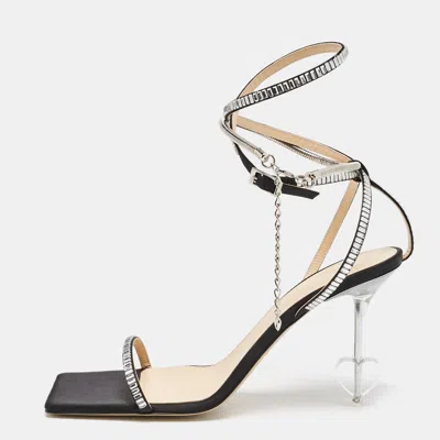 Mach&mach Black Satin Crystal Embellished Heart Ankle Strap Sandals In Multi