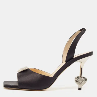 Pre-owned Mach&mach Black Satin Crystal Heart Slingback Sandals Size 37.5