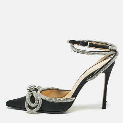 Pre-owned Mach&mach Black Satin Double Bow Crystal Embellished Ankle Strap Pumps Size 39