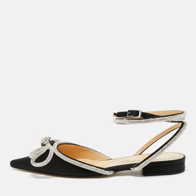 Pre-owned Mach&mach Black Satin Double Bow Crystal Embellished Ankle Wrap Flat Sandals Size 41