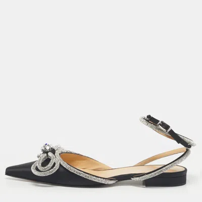 Pre-owned Mach&mach Black Satin Double Bow Crystal Embellished Ankle Wrap Flat Sandals Size 41