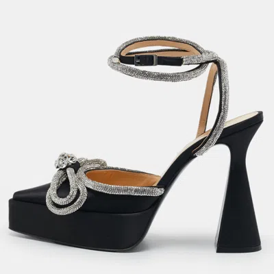 Pre-owned Mach&mach Black Satin Double Bow Crystal Embellished Platform Pumps Size 39
