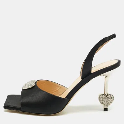 Mach&mach Black Satin Heart Crystal Slingback Sandals