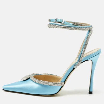 Pre-owned Mach&mach Blue Satin Crystal Heart Heel Embellished Ankle Strap Pumps Size 38.5