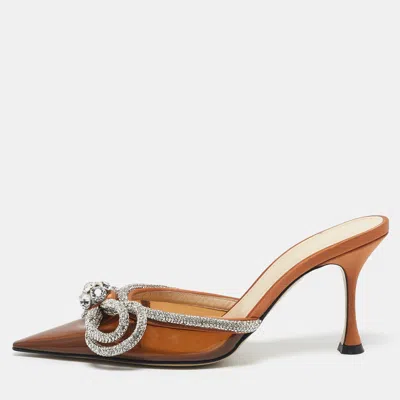 Pre-owned Mach&mach Brown Pvc Crystal Embellished Double Bow Mules Size 37