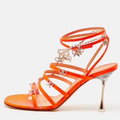 Pre-owned Mach&mach Camille Size 37 Neon Orange Patent Leather Ankle Strap Sandals