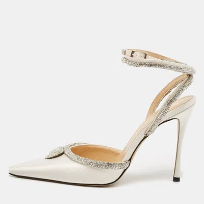 Mach&mach Cream Satin Crystal Embellished Heart Pumps In White
