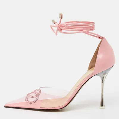 Pre-owned Mach&mach Crystal Embellished Bow Size 41 Pink Pvc And Leather Ankle Wrap Pumps