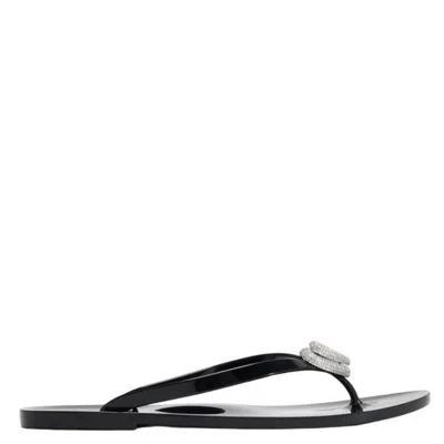 Mach&mach Crystal Embellished Double Heart Thong Flip Flops In Black