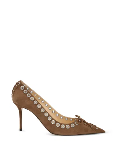 Mach&mach Crystalized Corset Pointed-toe Suede Heeled Pumps In Brown