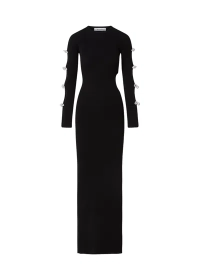 Mach&mach Cut-out Crystal Bow Sleeves Rib Knit Maxi Dress In Black