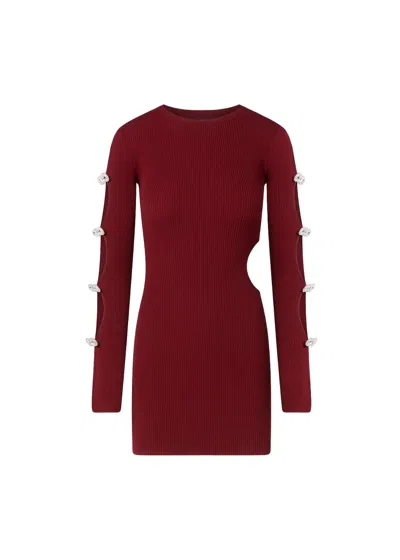 Mach&mach Cut-out Crystal Bow Sleeves Rib Knit Mini Dress In Red