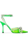 Mach&mach Double Bow Crystal-embellished Neon Pvc And Patent-leather Pumps In Grün