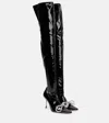 Mach&mach Double Bow Crystal-embellished Faux Leather Over-the-knee Boots In Black