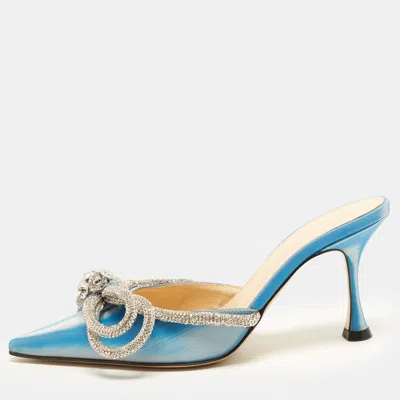 Pre-owned Mach&mach Double Bow Size 35 Blue Iridescent Leather Mules
