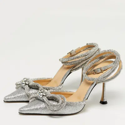 Pre-owned Mach&mach Double Bow Size 35.5 Silver Glitter Ankle Strap Pumps