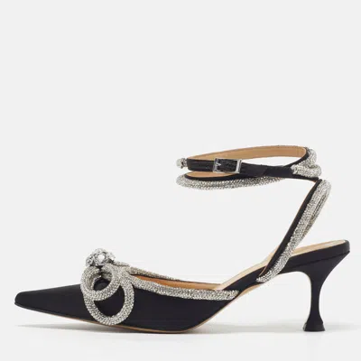 Pre-owned Mach&mach Double Bow Size 36 Black Satin Ankle Strap Pumps