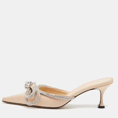 Pre-owned Mach&mach Double Bow Size 37 Beige Satin Slide Sandals