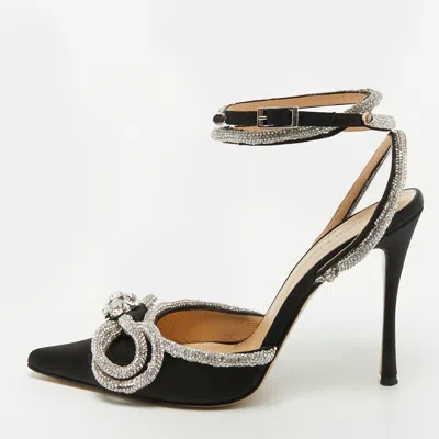 Pre-owned Mach&mach Double Bow Size 37 Black Satin Crystal Embellished Ankle Strap Pumps