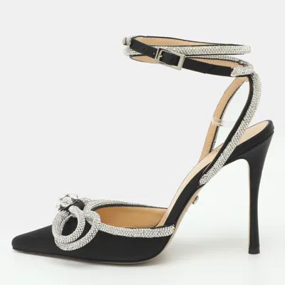 Pre-owned Mach&mach Double Bow Size 37 Black Satin Crystal Embellished Ankle Strap Pumps