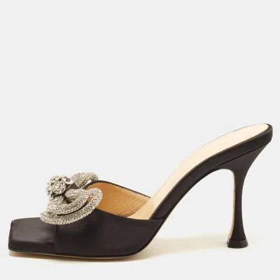 Pre-owned Mach&mach Double Bow Size 37 Black Satin Slide Sandals