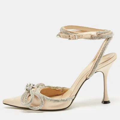 Pre-owned Mach&mach Double Bow Size 37 Cream Satin Ankle Strap Pumps In White