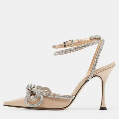 Pre-owned Mach&mach Double Bow Size 37 Cream Satin Crystal Embellished Ankle Wrap Pumps In White
